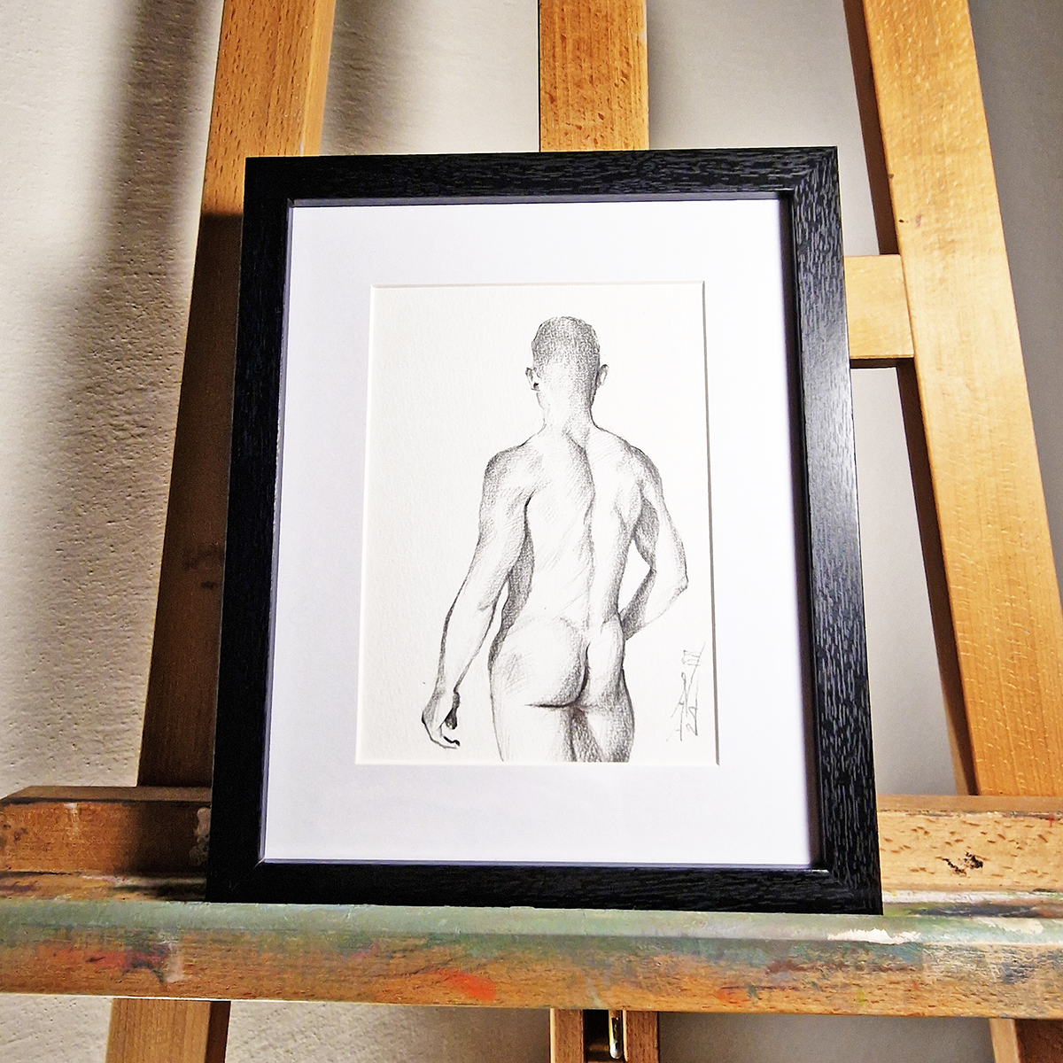 Back View Male Figure Drawing, Man Body in Graphite on Paper, Original Framed Art