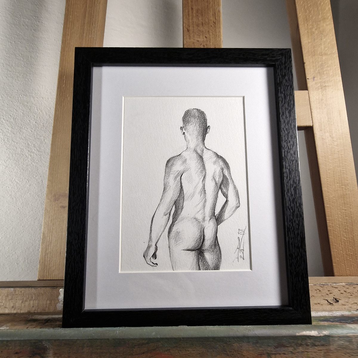 Back View Male Figure Drawing, Man Body in Graphite on Paper, Original Framed Art