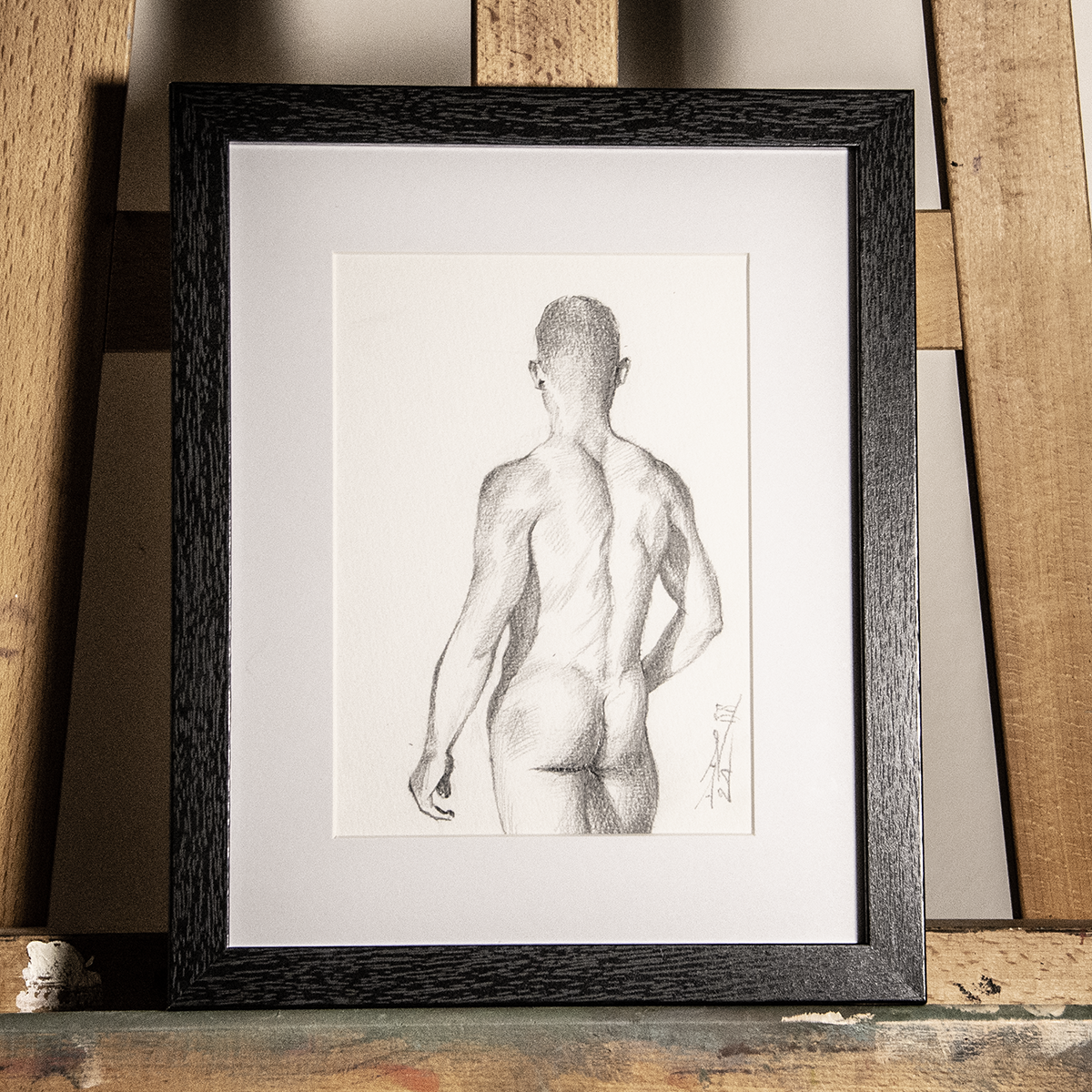 Back View Male Figure Drawing, Man Body in Graphite on Paper, Original Framed Art