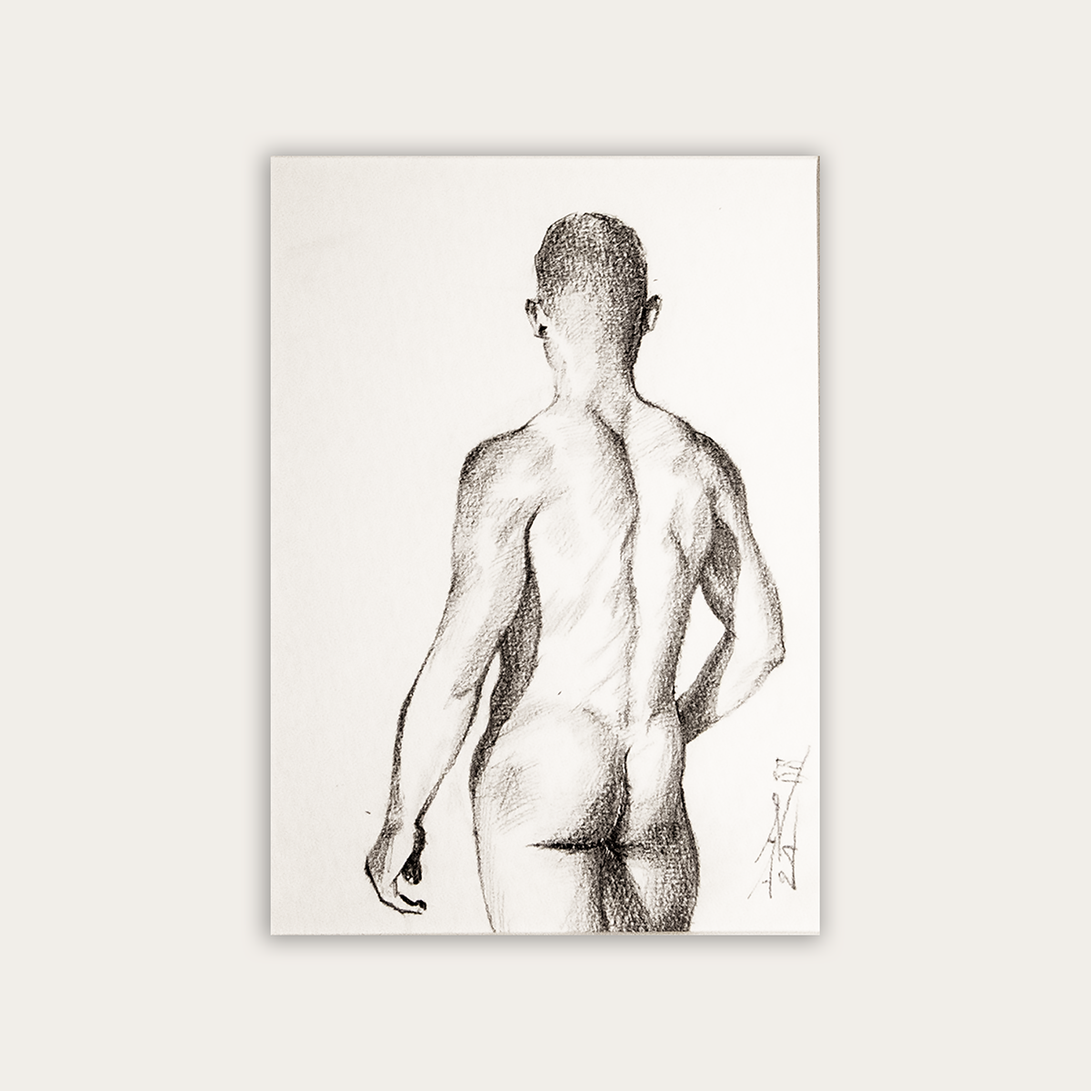 Back View Male Figure Drawing, Man Body in Graphite on Paper, Original Framed Art