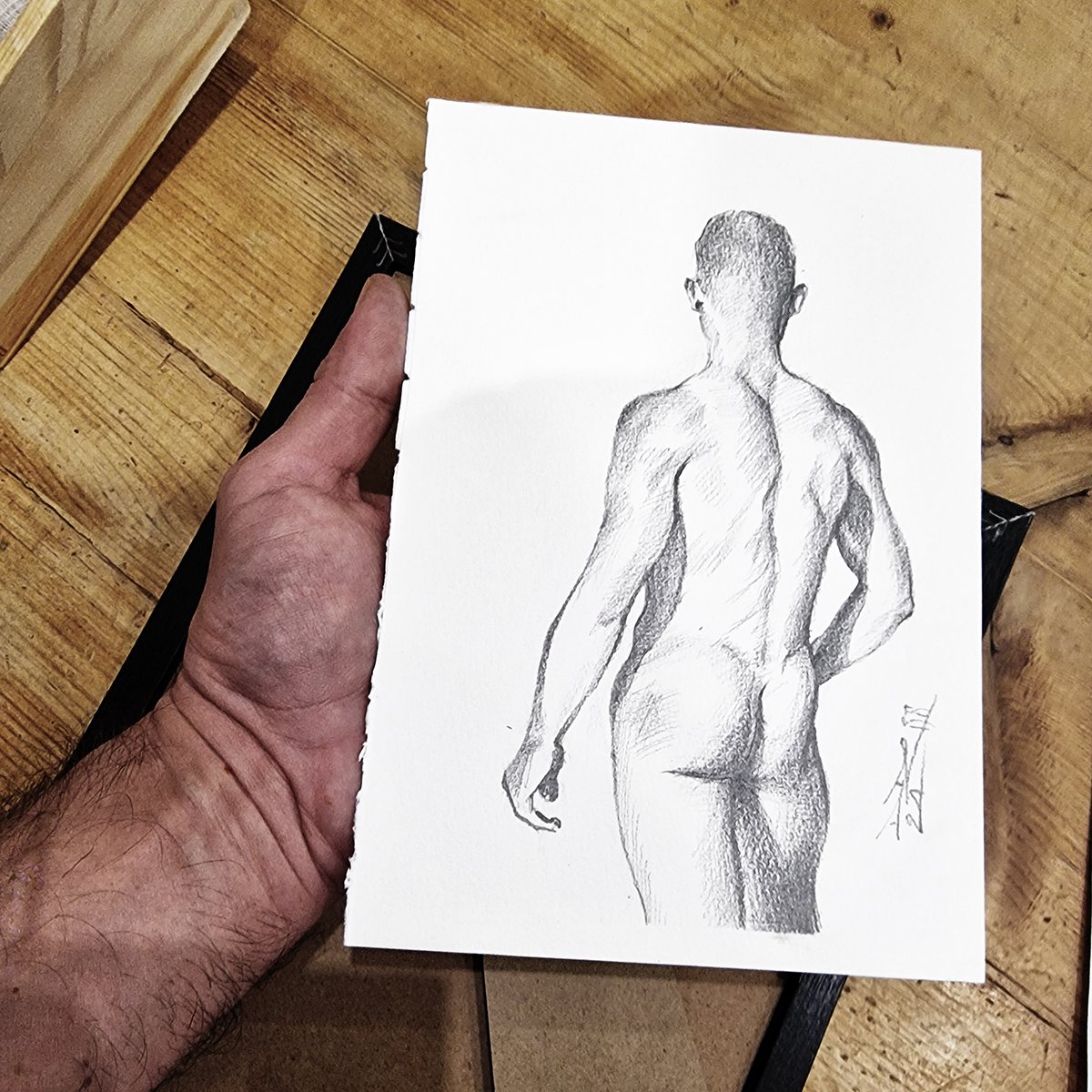 Back View Male Figure Drawing, Man Body in Graphite on Paper, Original Framed Art