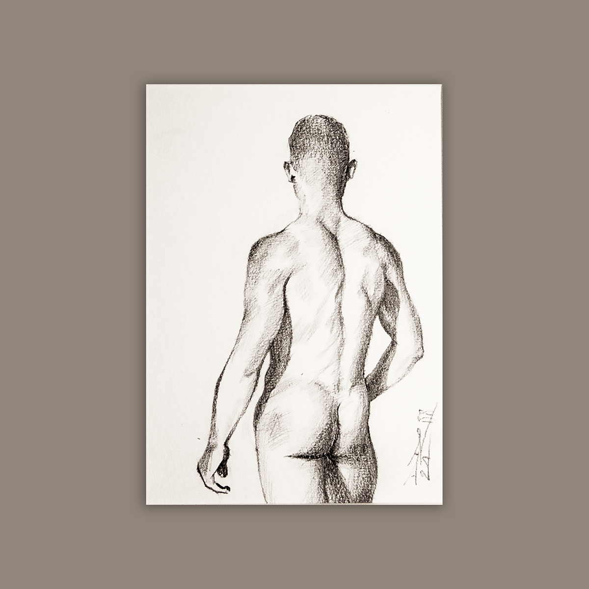 Back View Male Figure Drawing, Man Body in Graphite on Paper, Original Framed Art