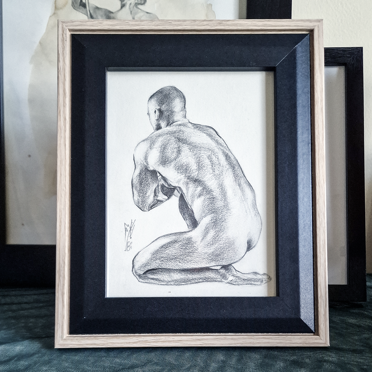 Male Figure Original Drawing Framed, Back of Man Body in Graphite on Paper