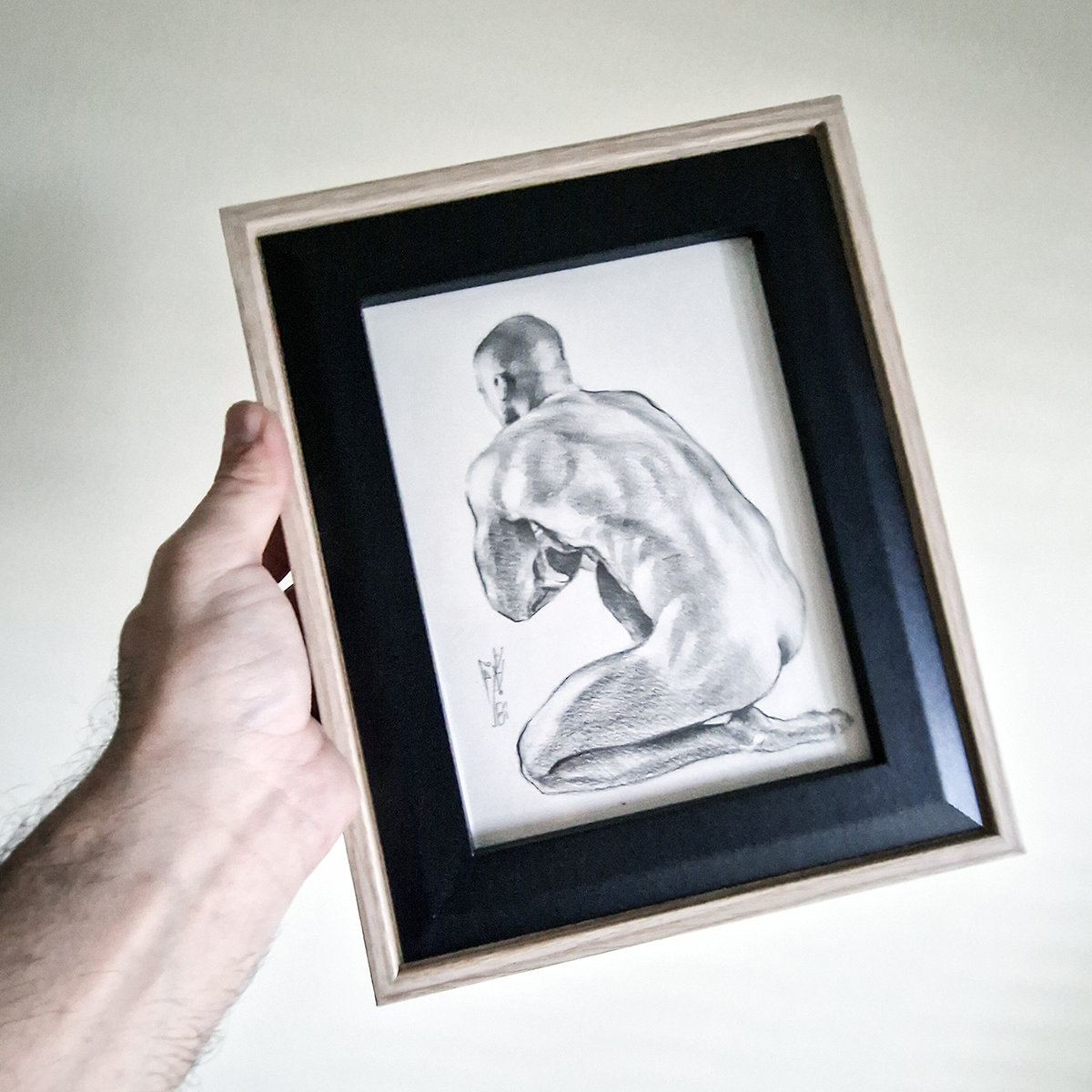 Male Figure Original Drawing Framed, Back of Man Body in Graphite on Paper