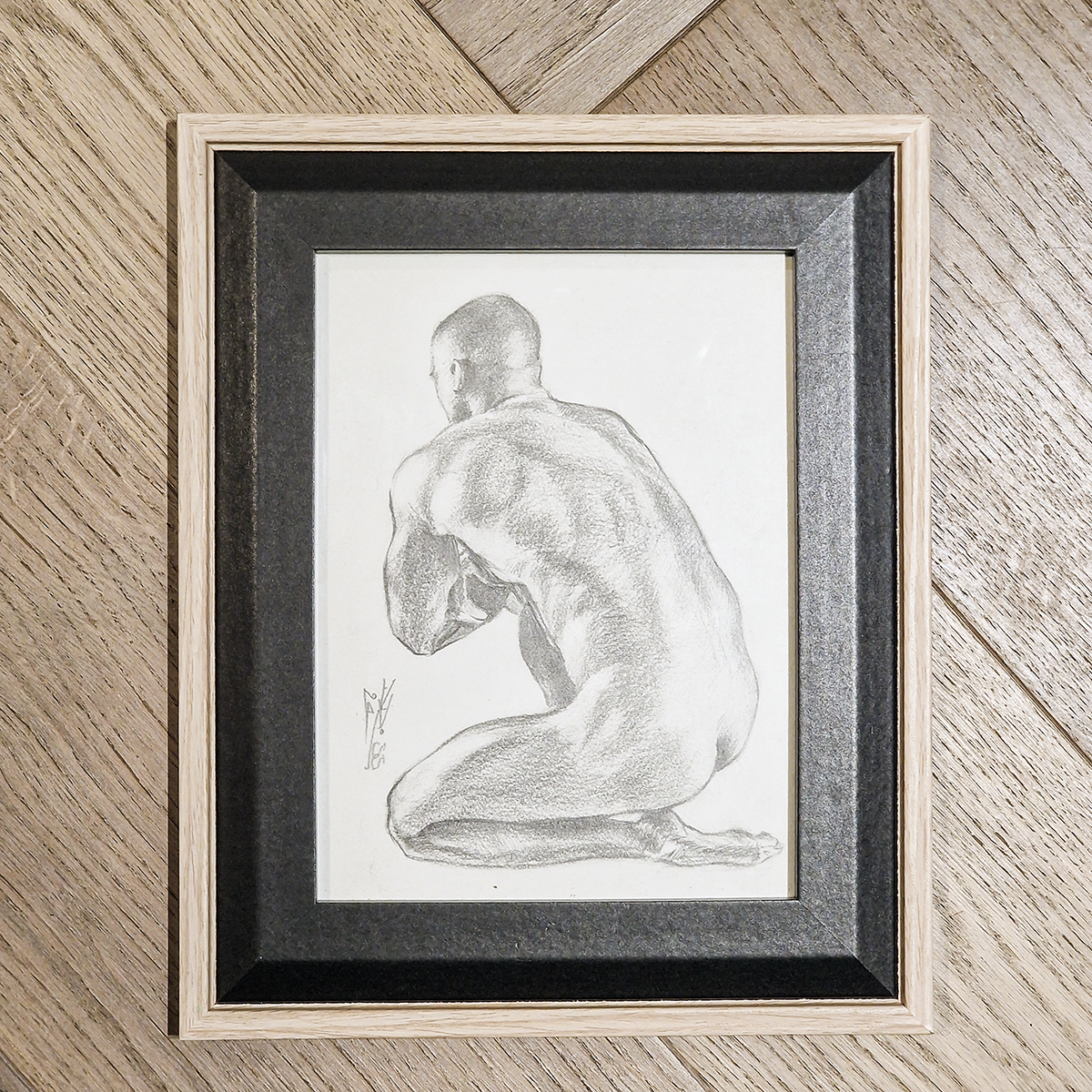 Male Figure Original Drawing Framed, Back of Man Body in Graphite on Paper