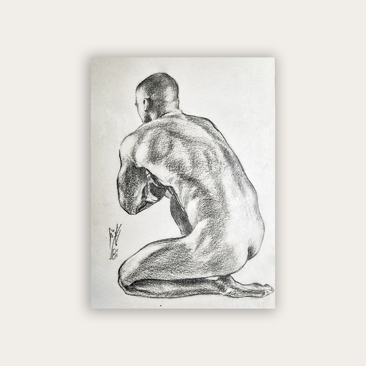 Male Figure Original Drawing Framed, Back of Man Body in Graphite on Paper