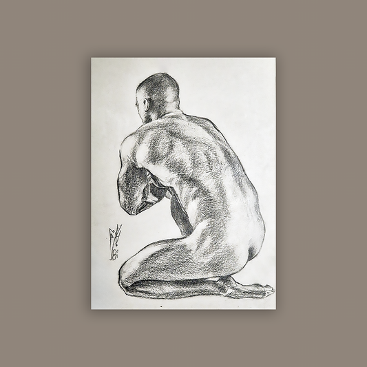 Male Figure Original Drawing Framed, Back of Man Body in Graphite on Paper