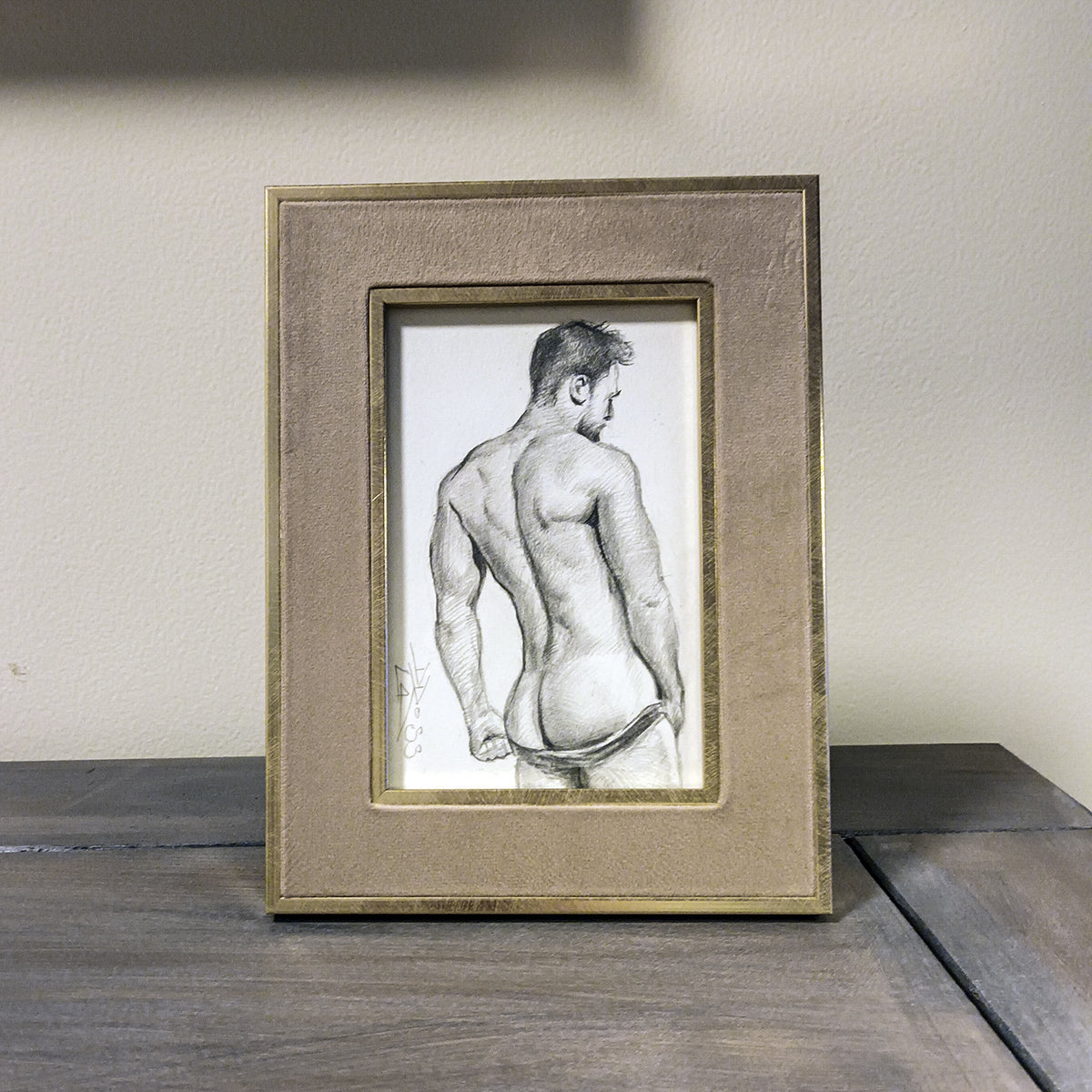 Back of Male Figure, Original Framed Art, Man Body Drawing