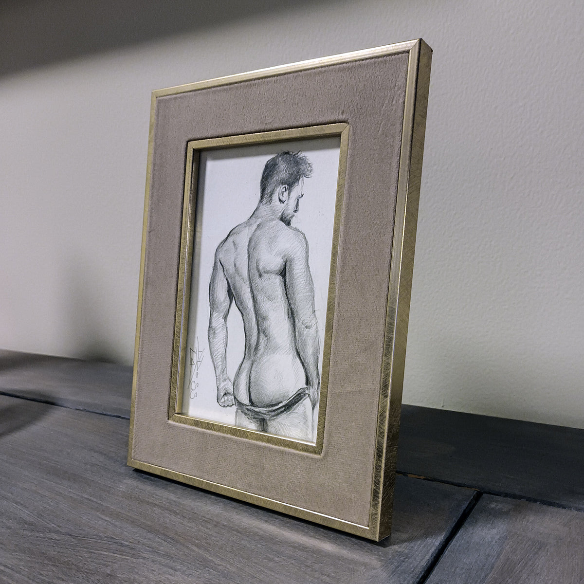 Back of Male Figure, Original Framed Art, Man Body Drawing