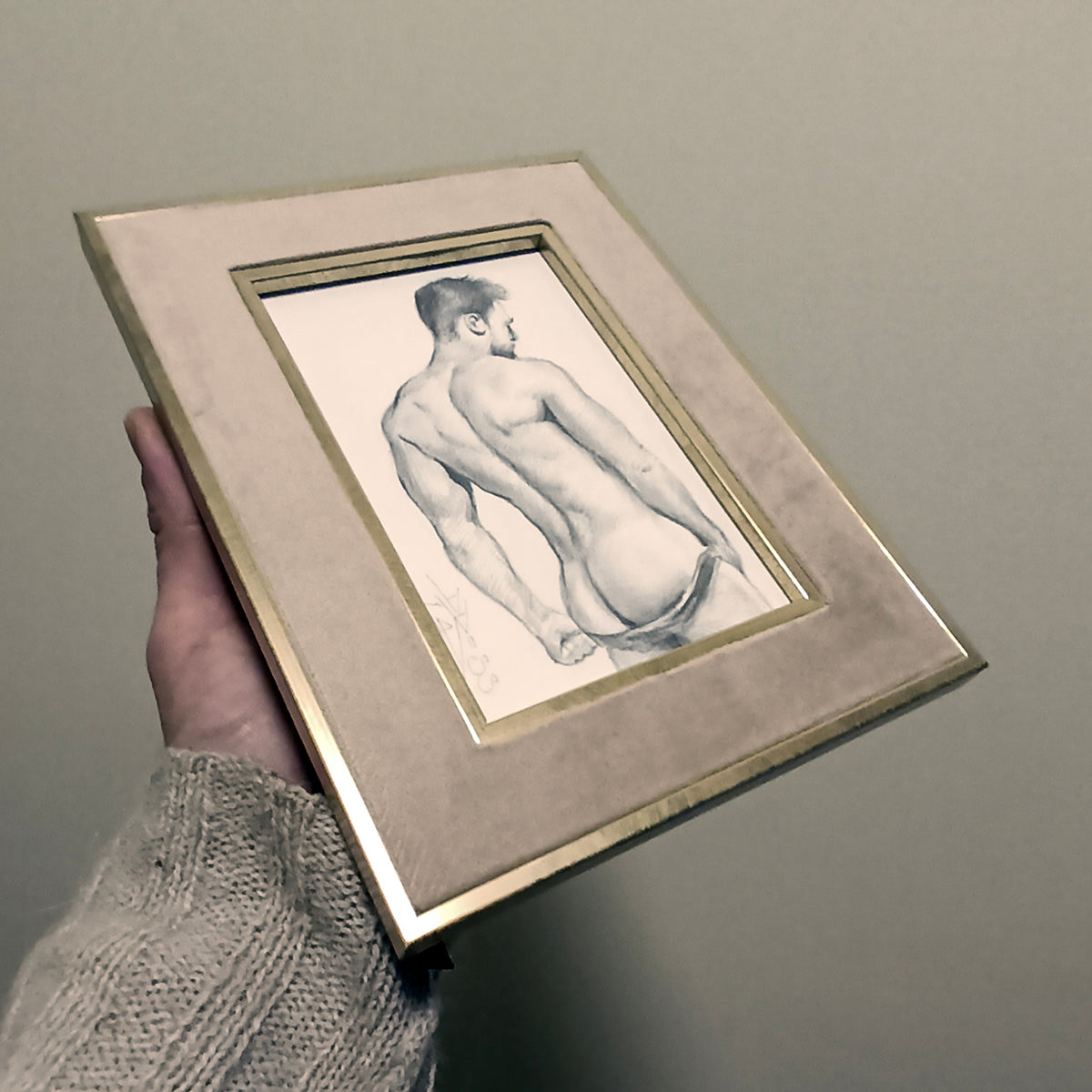 Back of Male Figure, Original Framed Art, Man Body Drawing