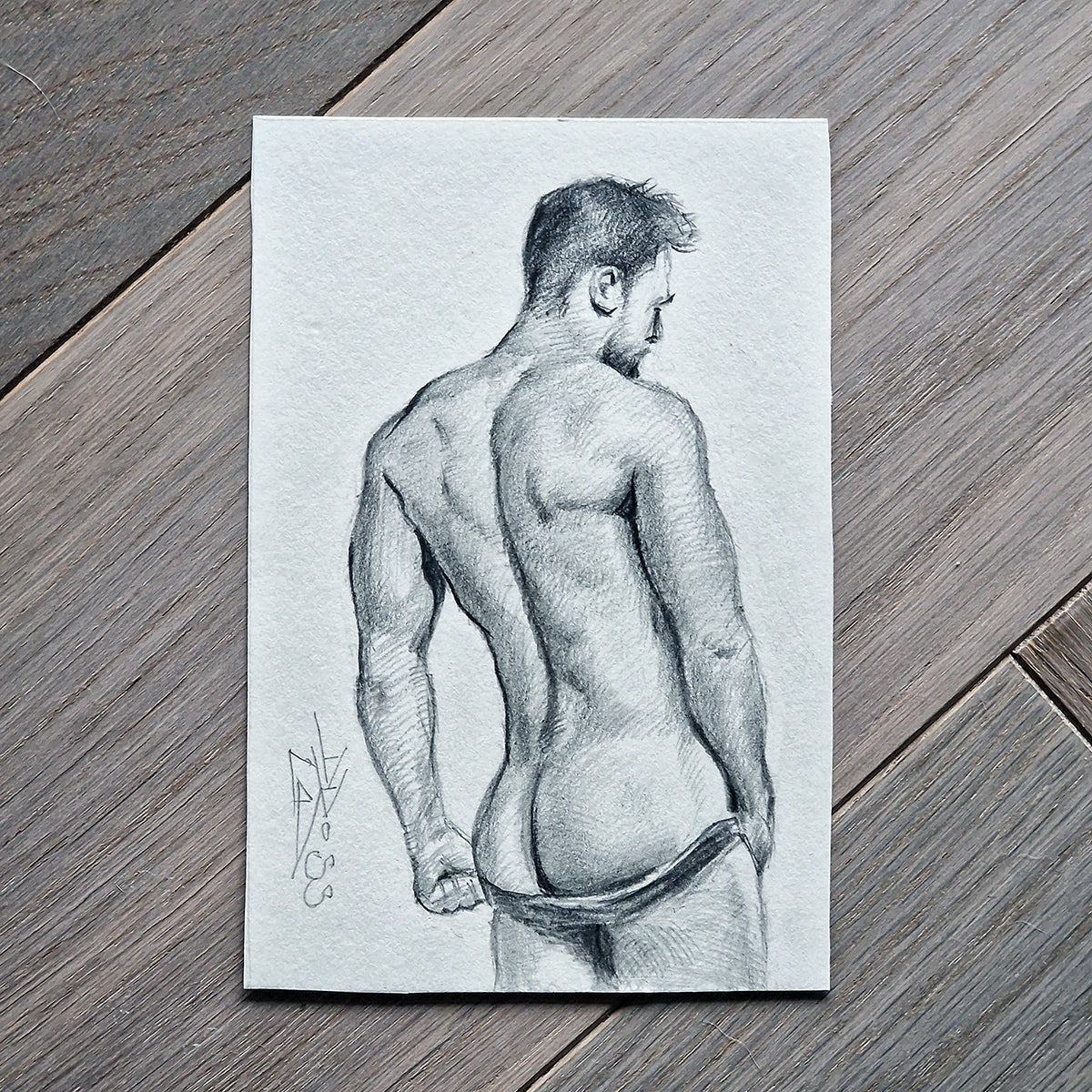 Back of Male Figure, Original Framed Art, Man Body Drawing