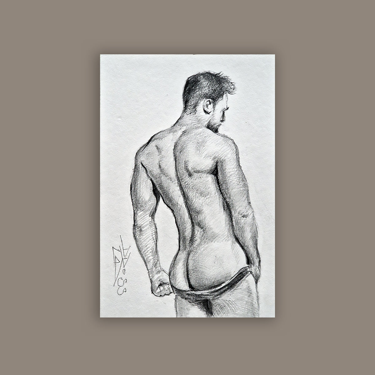 Back of Male Figure, Original Framed Art, Man Body Drawing