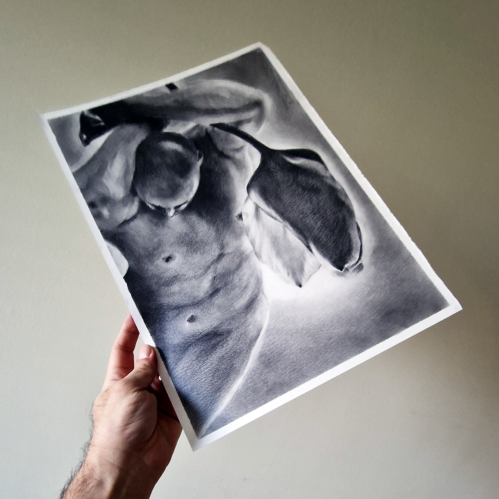 Genesis of Bloom | Baroque Male Figure & Tulip in Graphite Drawing