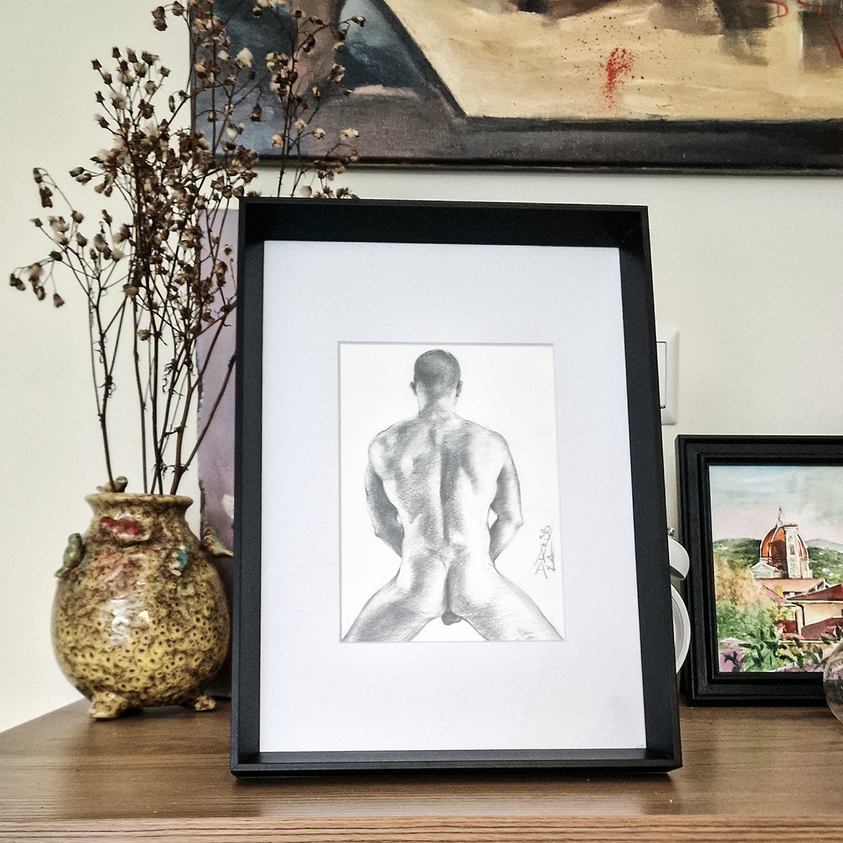 Back View of Male Figure, Original Drawing Framed, Man Body in Graphite on Paper