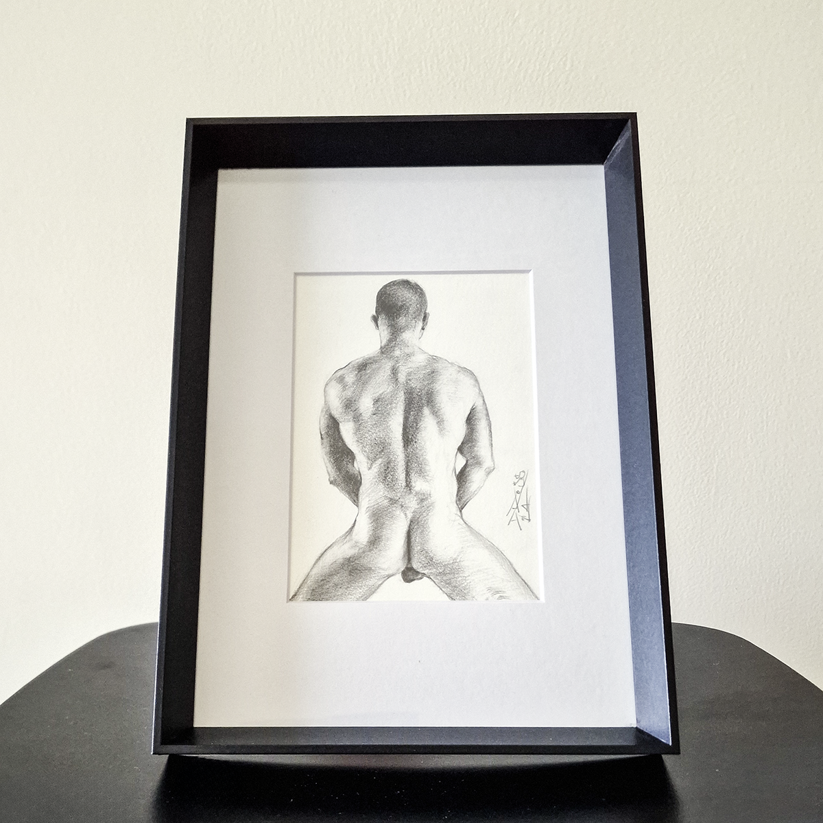 Back View of Male Figure, Original Drawing Framed, Man Body in Graphite on Paper