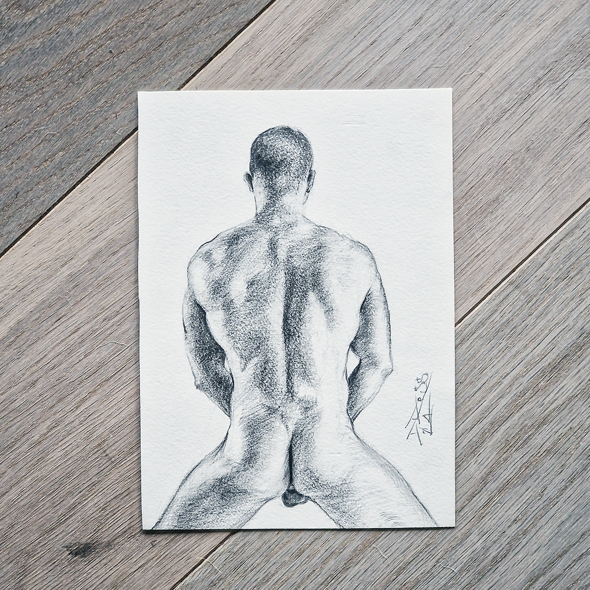 Back View of Male Figure, Original Drawing Framed, Man Body in Graphite on Paper