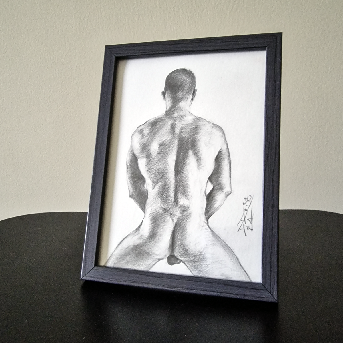 Back View of Male Figure, Original Drawing Framed, Man Body in Graphite on Paper