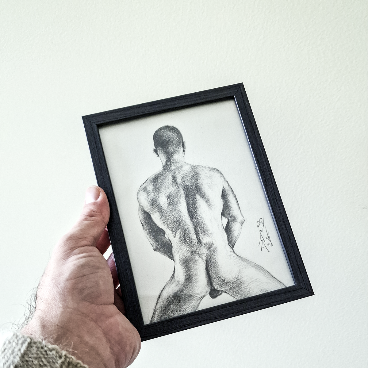 Back View of Male Figure, Original Drawing Framed, Man Body in Graphite on Paper