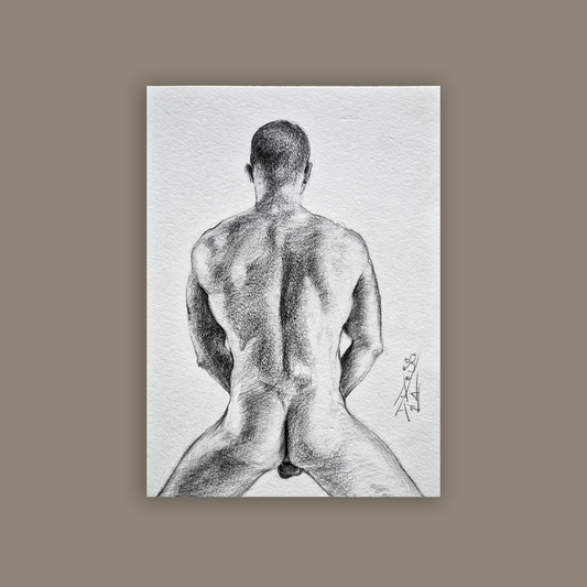 Back View of Male Figure, Original Drawing Framed, Man Body in Graphite on Paper