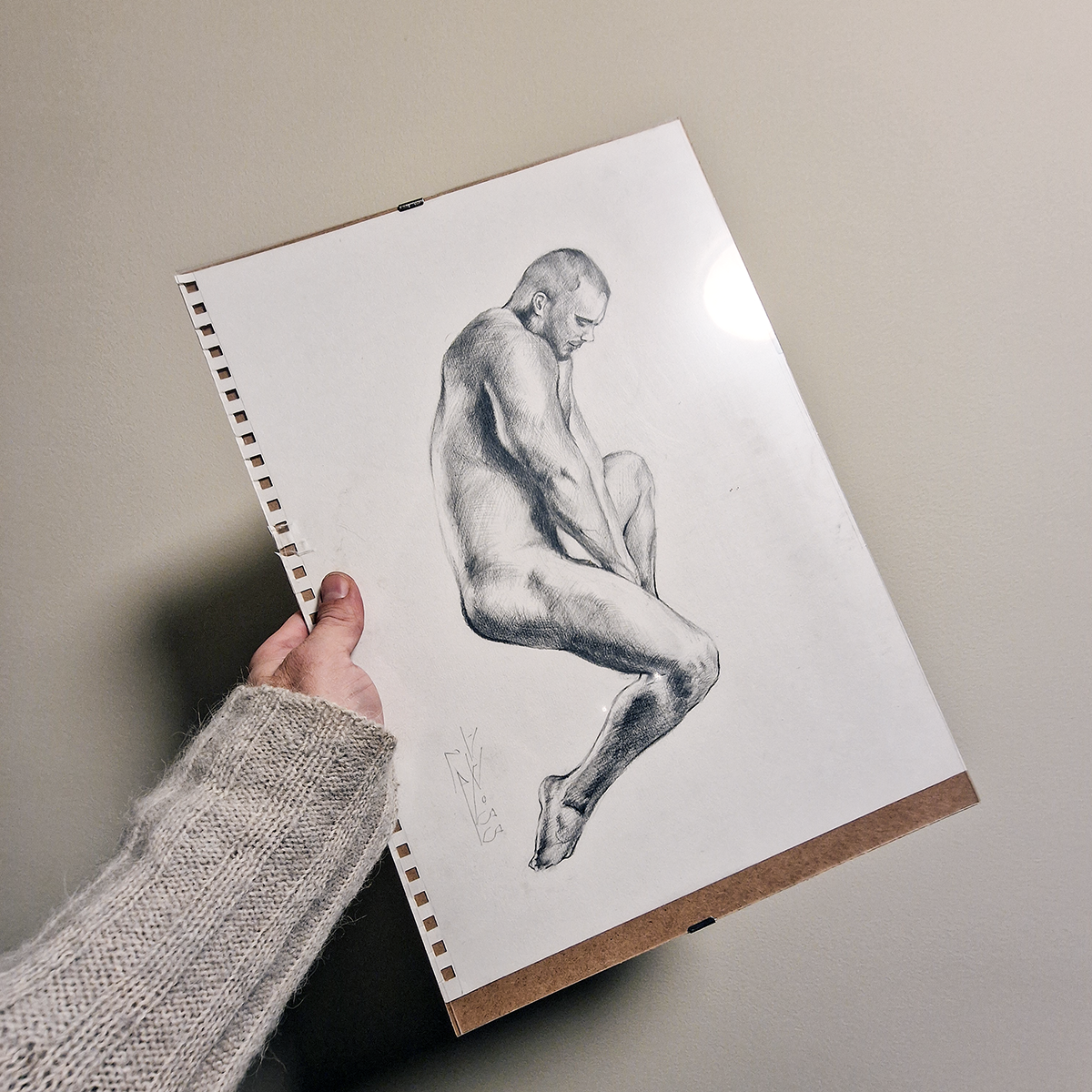 Male Figure Graphite Drawing, Clip On Framed Original Artwork