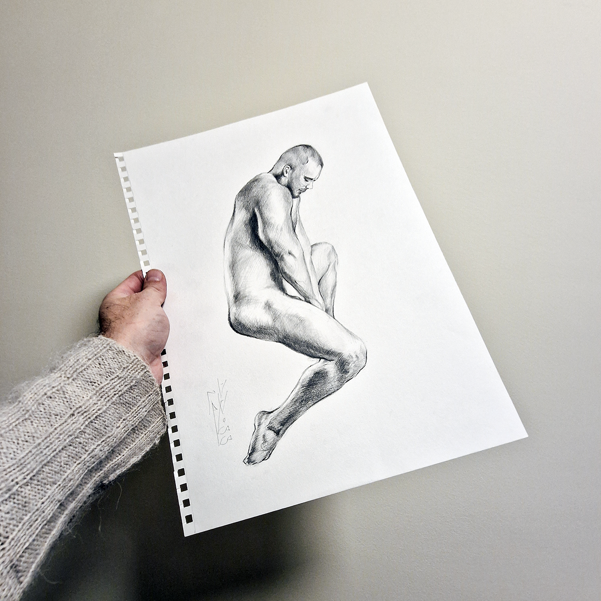 Male Figure Graphite Drawing, Clip On Framed Original Artwork