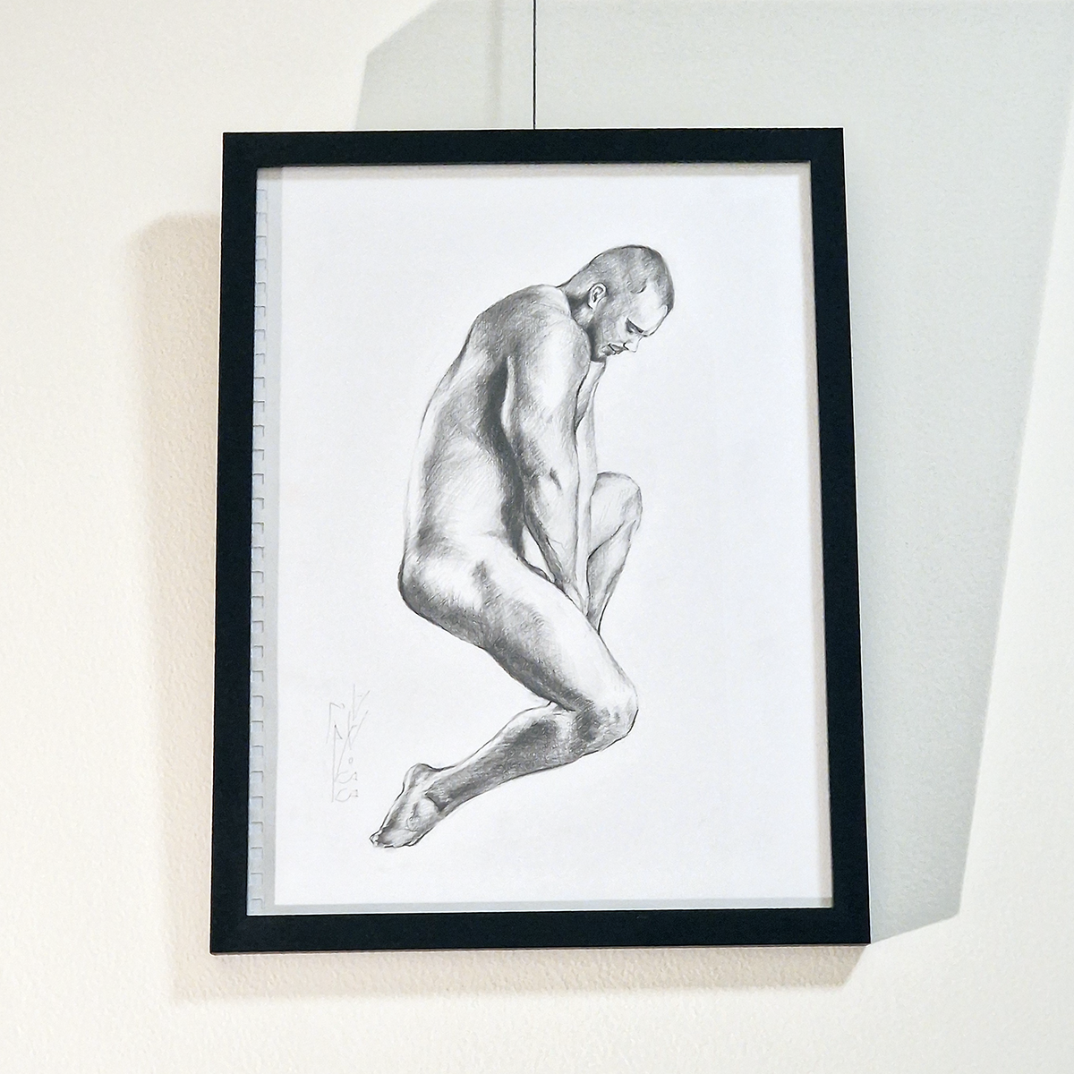 Male Figure Graphite Drawing, Clip On Framed Original Artwork