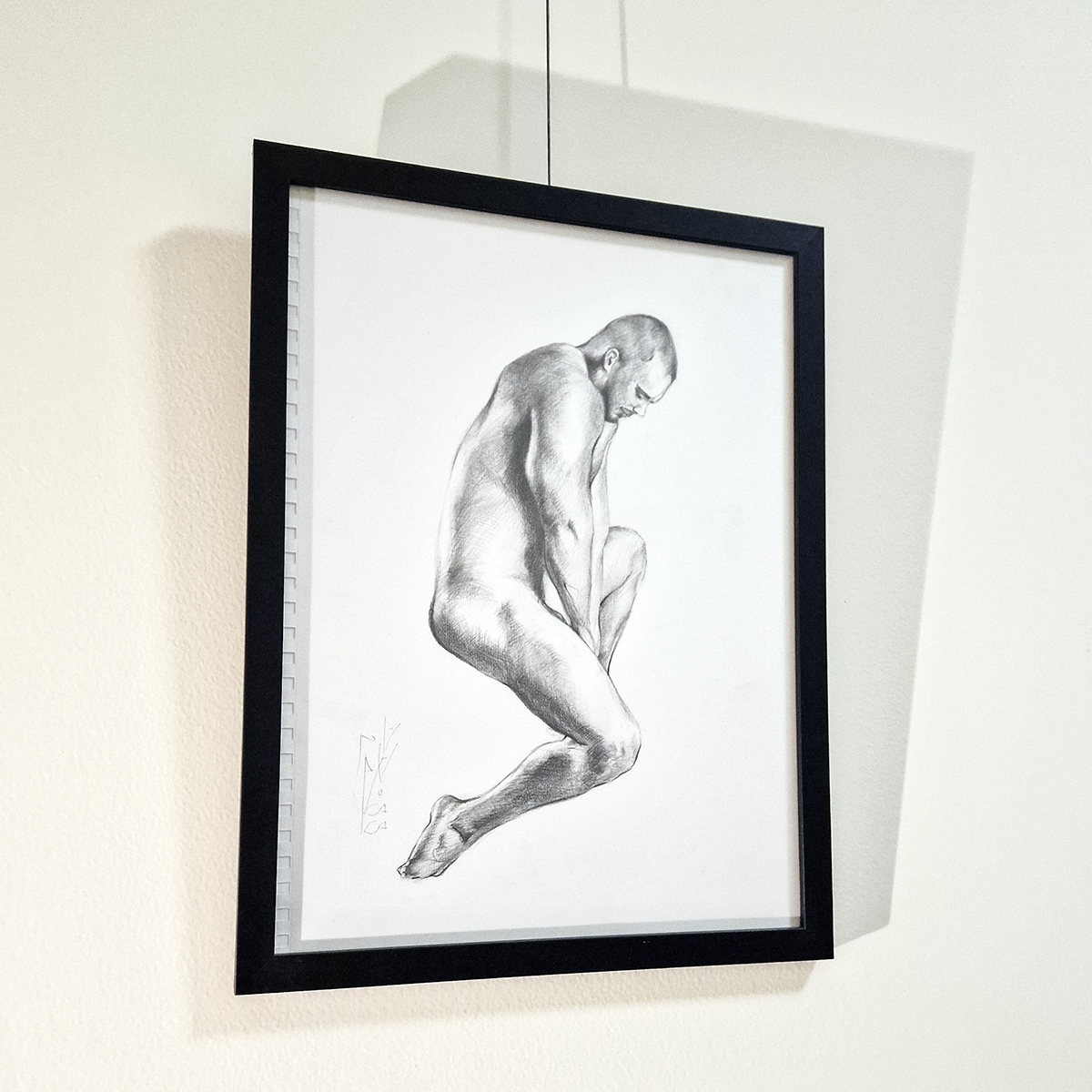 Male Figure Graphite Drawing, Clip On Framed Original Artwork