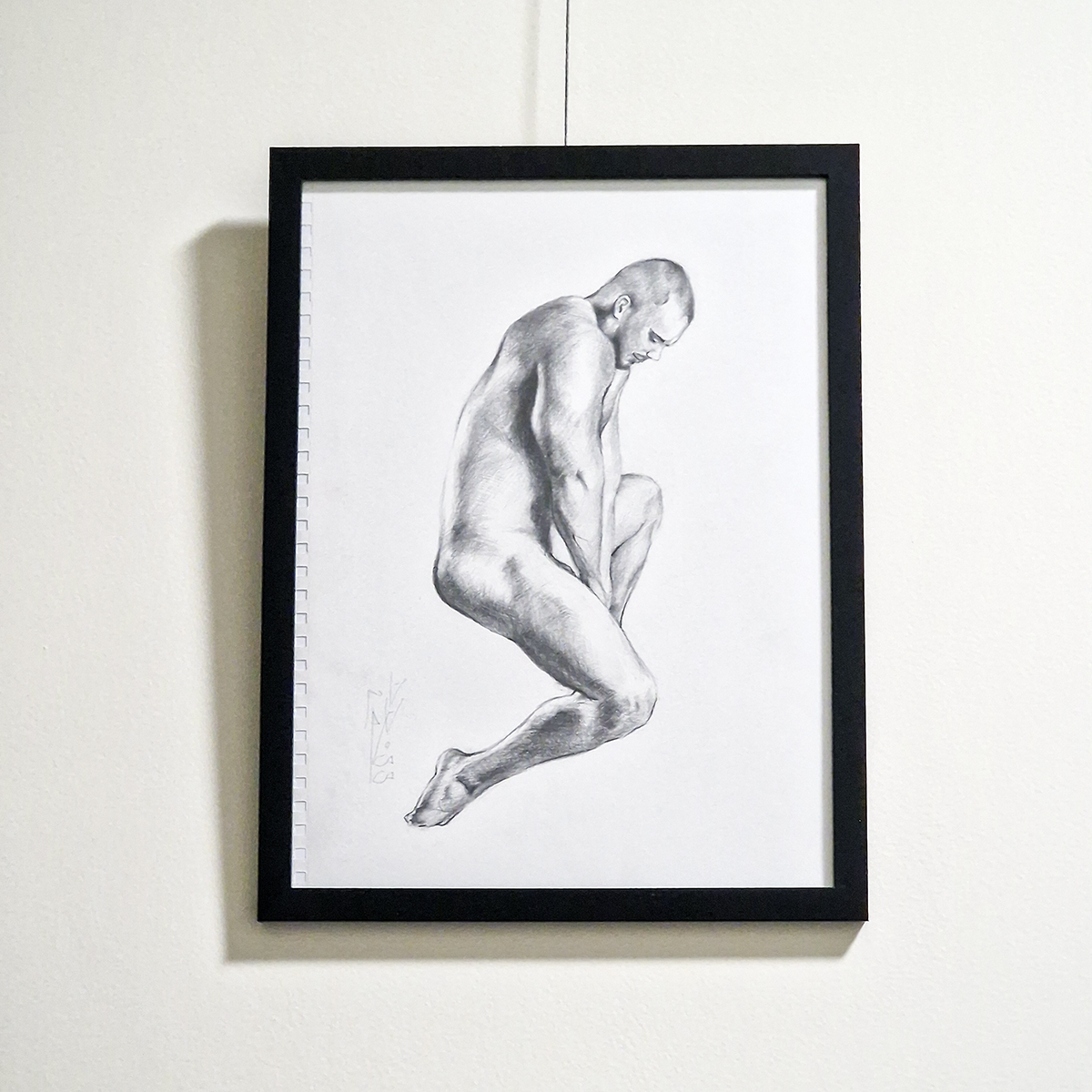 Male Figure Graphite Drawing, Clip On Framed Original Artwork