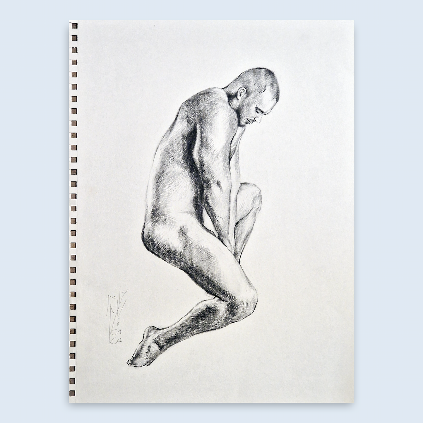 Male Figure Graphite Drawing, Clip On Framed Original Artwork